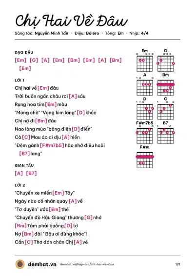 Hợp âm Chị Hai Về Đâu (Quỳnh Trang) – bản nhạc PDF trang 1, tông Em