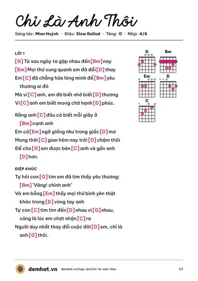 Hợp âm Chỉ Là Anh Thôi (Hồ Quỳnh Hương) – bản nhạc PDF trang 1, tông G