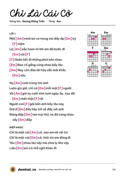 Hợp âm Chỉ Là Cái Cớ (Quang Đăng Trần) – bản nhạc PDF trang 1, tông Am
