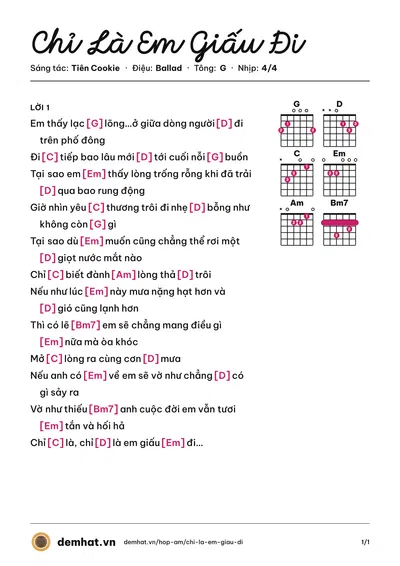 Hợp âm Chỉ Là Em Giấu Đi (Bích Phương) – bản nhạc PDF trang 1, tông G
