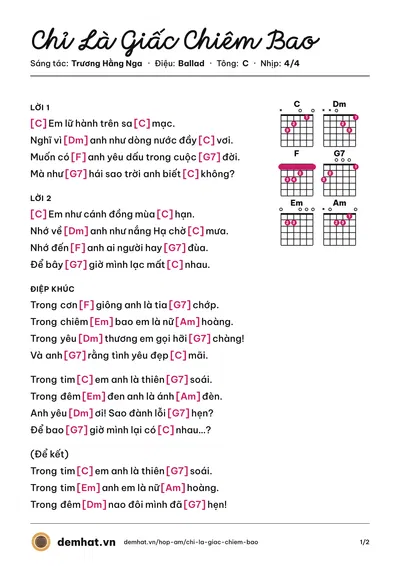 Hợp âm Chỉ Là Giấc Chiêm Bao (Băng Châu) – bản nhạc PDF trang 1, tông C