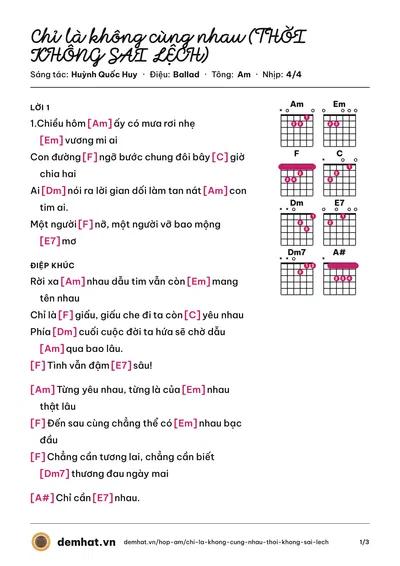 Hợp âm Chỉ là không cùng nhau (THỜI KHÔNG SAI LỆCH) (Tăng Phúc) – bản nhạc PDF trang 1, tông Am