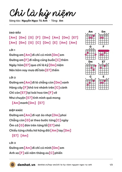 Hợp âm Chỉ là kỷ niệm (Võ Thành Tâm) – bản nhạc PDF trang 1, tông Am