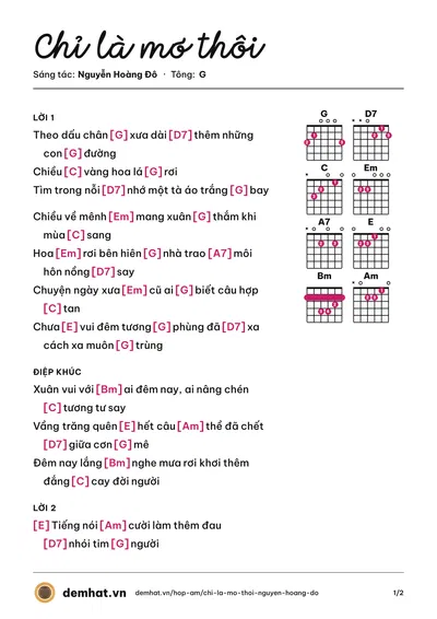 Hợp âm Chỉ là mơ thôi (Tâm Thư) – bản nhạc PDF trang 1, tông G