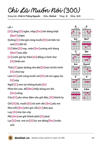 Hợp âm Chỉ Là Muốn Nói (300) (Khải) – bản nhạc PDF trang 1, tông G