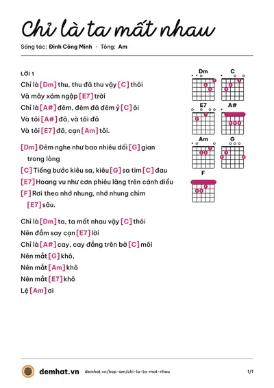 Hợp âm Chỉ là ta mất nhau (Quỳnh Lan) – bản nhạc PDF trang 1, tông Am