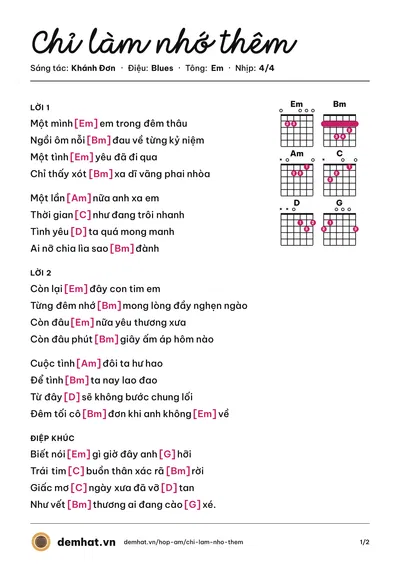 Hợp âm Chỉ làm nhớ thêm (Khánh Đơn) – bản nhạc PDF trang 1, tông Em