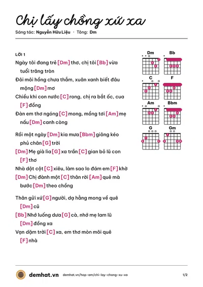 Hợp âm Chị lấy chồng xứ xa (Xuân Thuyên) – bản nhạc PDF trang 1, tông Dm