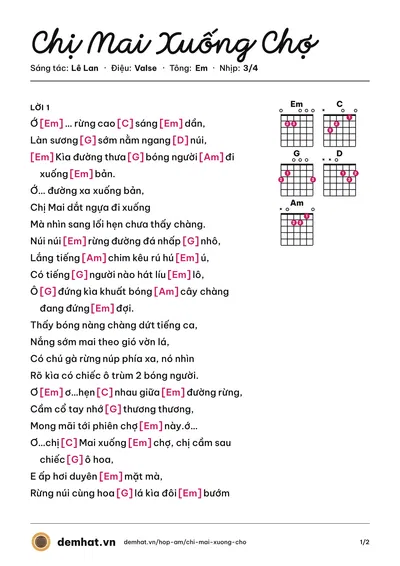 Hợp âm Chị Mai Xuống Chợ (Hồng Hạnh) – bản nhạc PDF trang 1, tông Em