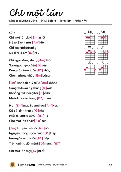 Hợp âm Chỉ một lần (Trần Oanh) – bản nhạc PDF trang 1, tông Em