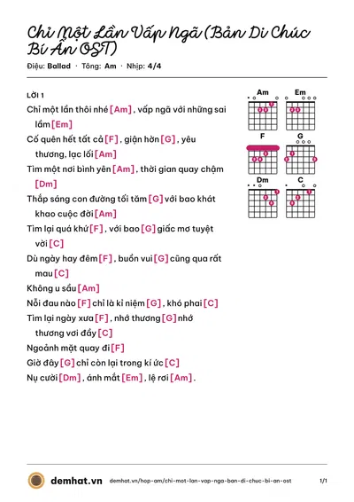 Hợp âm Chỉ Một Lần Vấp Ngã (Bản Di Chúc Bí Ẩn OST) (Bảo Trâm) – bản nhạc PDF trang 1, tông Am