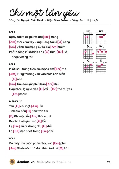Hợp âm Chỉ một lần yêu (Nguyễn Tiến Thịnh) – bản nhạc PDF trang 1, tông Em