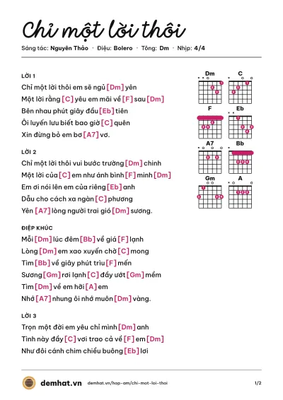 Hợp âm Chỉ một lời thôi (Giang Tử) – bản nhạc PDF trang 1, tông Dm