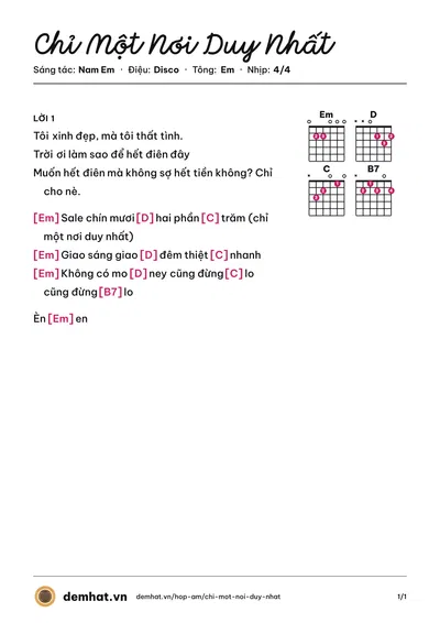 Hợp âm Chỉ Một Nơi Duy Nhất (Nam Em) – bản nhạc PDF trang 1, tông Em