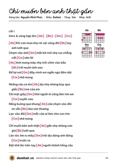Hợp âm Chỉ muốn bên anh thật gần (Nguyễn Minh Phúc) – bản nhạc PDF trang 1, tông Cm