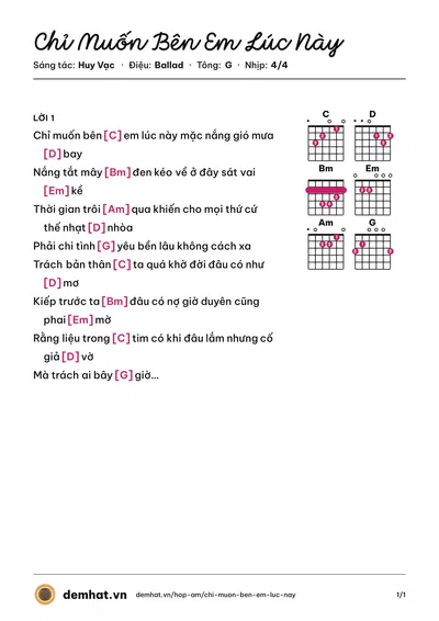 Hợp âm Chỉ Muốn Bên Em Lúc Này (Huy Vạc) – bản nhạc PDF trang 1, tông G