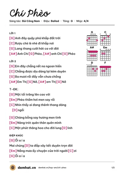 Hợp âm Chí Phèo (Bùi Công Nam) – bản nhạc PDF trang 1, tông G