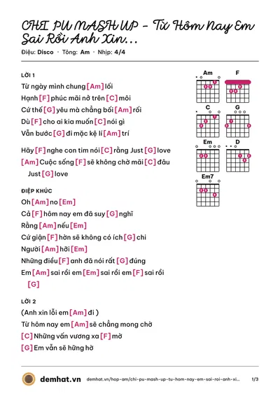 Hợp âm CHI PU MASH UP - Từ Hôm Nay Em Sai Rồi Anh Xin Lỗi Em Đi Cho Ta Gần Hơn (FOR FUN) (Hannah Hoang) – bản nhạc PDF trang 1, tông Am