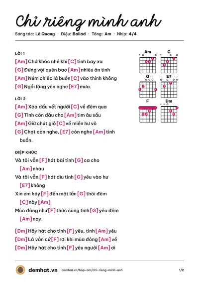 Hợp âm Chỉ riêng mình anh (Quang Dũng) – bản nhạc PDF trang 1, tông Am