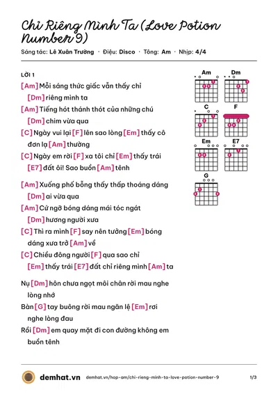 Hợp âm Chỉ Riêng Mình Ta (Love Potion Number 9) (Nguyễn Hưng) – bản nhạc PDF trang 1, tông Am