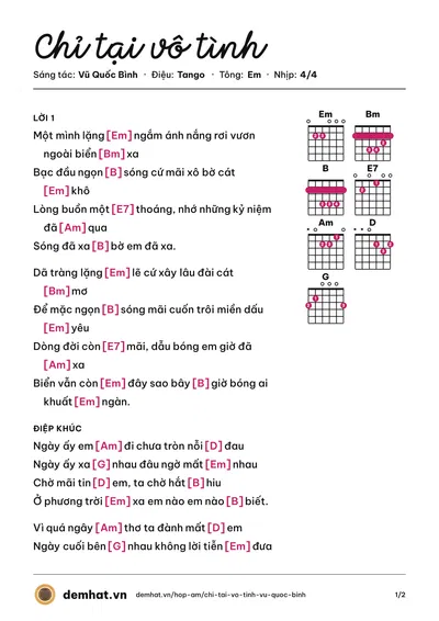 Hợp âm Chỉ tại vô tình (Vũ Quốc Bình) – bản nhạc PDF trang 1, tông Em