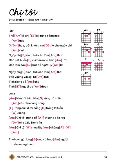 Hợp âm Chị tôi – bản nhạc PDF trang 1, tông Am