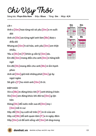 Hợp âm Chỉ Vậy Thôi (Quân Keyboard) – bản nhạc PDF trang 1, tông Gm