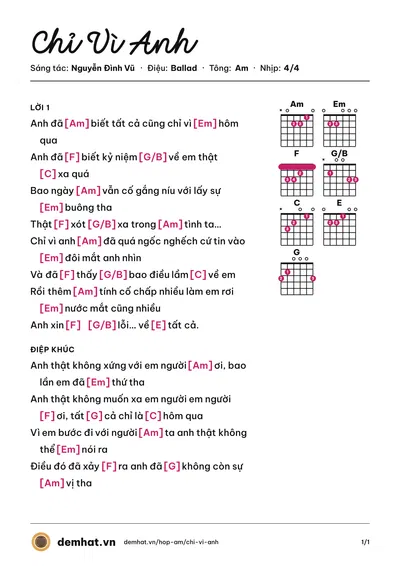 Hợp âm Chỉ Vì Anh (Nguyễn Đình Vũ) – bản nhạc PDF trang 1, tông Am