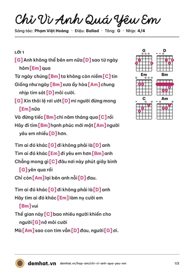 Hợp âm Chỉ Vì Anh Quá Yêu Em (The Men) – bản nhạc PDF trang 1, tông G