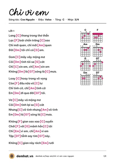 Hợp âm Chỉ vì em (Ngọc Quy) – bản nhạc PDF trang 1, tông C