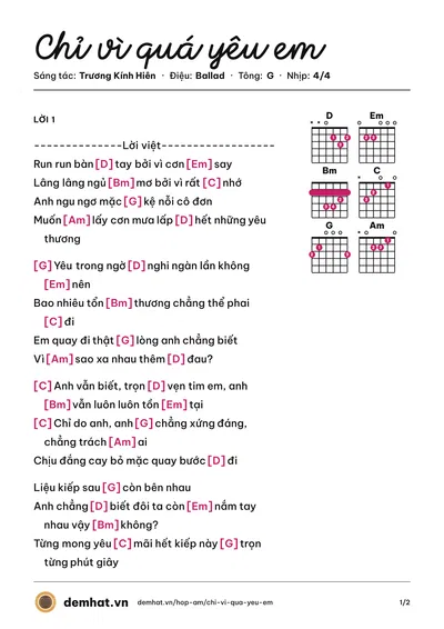 Hợp âm Chỉ vì quá yêu em (Trương Kính Hiên) – bản nhạc PDF trang 1, tông G