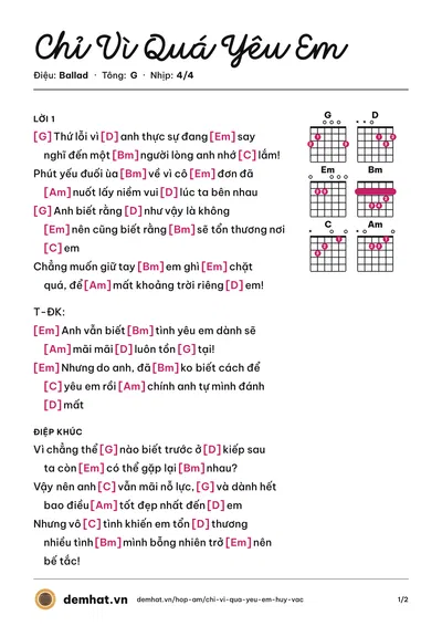 Hợp âm Chỉ Vì Quá Yêu Em (Huy Vạc) – bản nhạc PDF trang 1, tông G