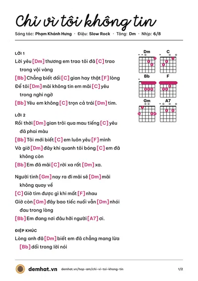 Hợp âm Chỉ vì tôi không tin (Lê Dung) – bản nhạc PDF trang 1, tông Dm
