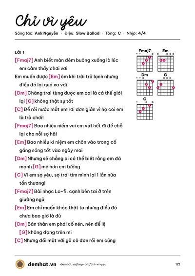 Hợp âm Chỉ vì yêu (Ank Nguyễn) – bản nhạc PDF trang 1, tông C