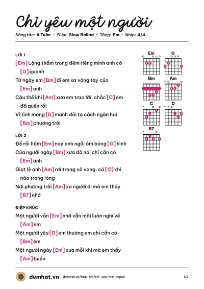 Hợp âm Chỉ yêu một người (A Tuân) – bản nhạc PDF trang 1, tông Em