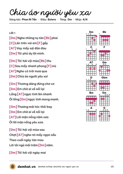 Hợp âm Chia áo người yêu xa (Khánh Ly) – bản nhạc PDF trang 1, tông Dm
