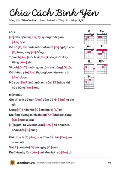 Hợp âm Chia Cách Bình Yên (Quốc Thiên) – bản nhạc PDF trang 1, tông C