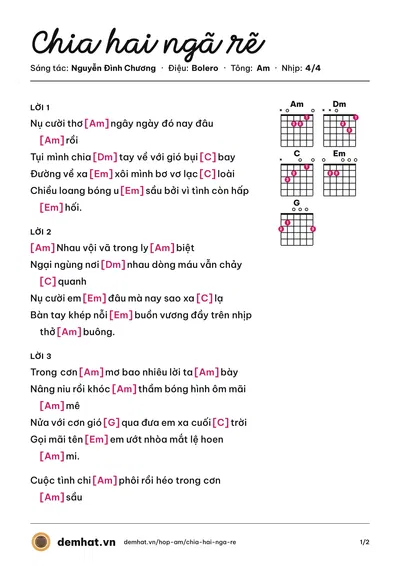Hợp âm Chia hai ngã rẽ (Nguyễn Đình Chương) – bản nhạc PDF trang 1, tông Am