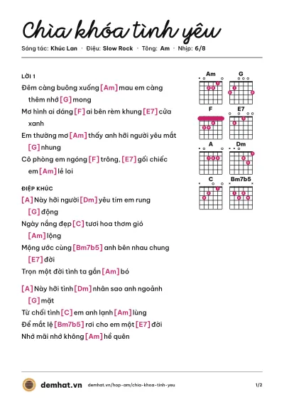 Hợp âm Chìa khóa tình yêu (Thanh Hà) – bản nhạc PDF trang 1, tông Am