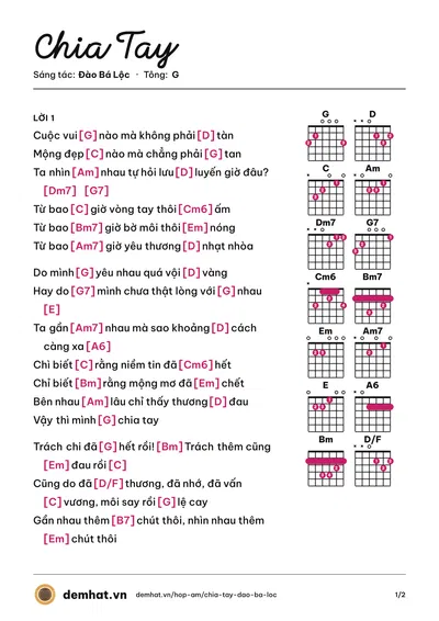 Hợp âm Chia Tay (Tiêu Châu Như Quỳnh) – bản nhạc PDF trang 1, tông G