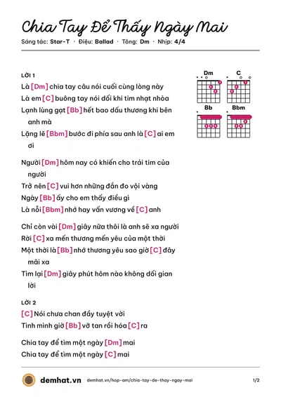Hợp âm Chia Tay Để Thấy Ngày Mai (Star-T) – bản nhạc PDF trang 1, tông Dm