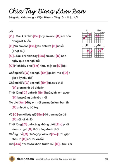 Hợp âm Chia Tay Đừng Làm Bạn (Khắc Hưng) – bản nhạc PDF trang 1, tông G