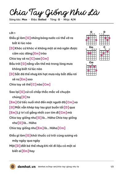 Hợp âm Chia Tay Giống Như Là (Duongg) – bản nhạc PDF trang 1, tông G