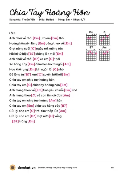 Hợp âm Chia Tay Hoàng Hôn (Đàm Vĩnh Hưng) – bản nhạc PDF trang 1, tông Em