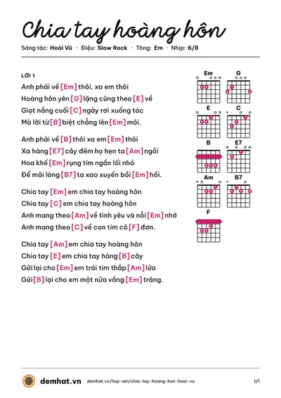 Hợp âm Chia tay hoàng hôn (Elvis Phương) – bản nhạc PDF trang 1, tông Em