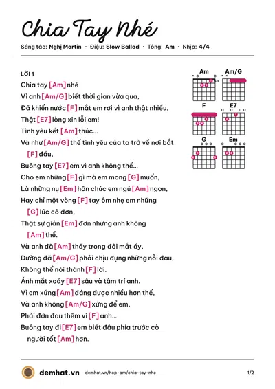 Hợp âm Chia Tay Nhé (Trịnh Thiên Ân) – bản nhạc PDF trang 1, tông Am