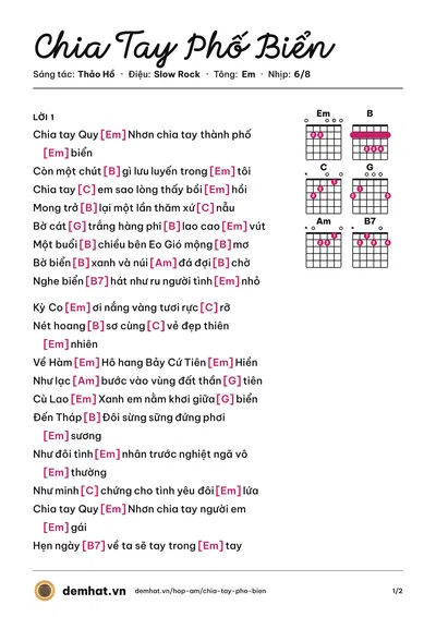 Hợp âm Chia Tay Phố Biển (Nhất Chi Mai) – bản nhạc PDF trang 1, tông Em