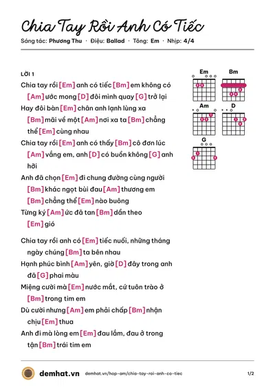 Hợp âm Chia Tay Rồi Anh Có Tiếc (Phương Thu) – bản nhạc PDF trang 1, tông Em