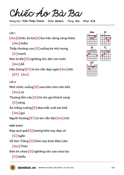 Hợp âm Chiếc Áo Bà Ba (Đan Trường) – bản nhạc PDF trang 1, tông Am