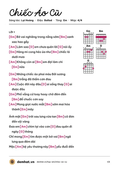 Hợp âm Chiếc Áo Cũ (Thành Đạt) – bản nhạc PDF trang 1, tông Em